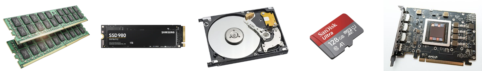 Examples of computer memory: RAM, SSD, HDD, SD card and HBM.