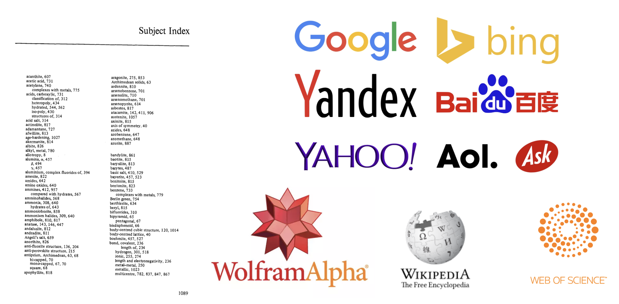 Index and indexing concept in databases: You can find the index at the end of a book (left panel), which helps in locating specific information quickly. Search engines (right panel) also use indexing to speed up the process of retrieving web pages.