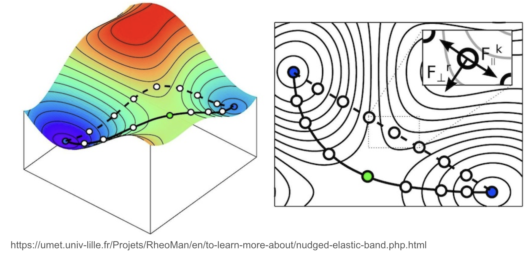 The potential energy surface showing stable states, transition states, and the minimum energy path (MEP). In NEB, a series of images are used to represent the path between the initial and final states. The forces perpendicular to the band are projected to find the MEP.